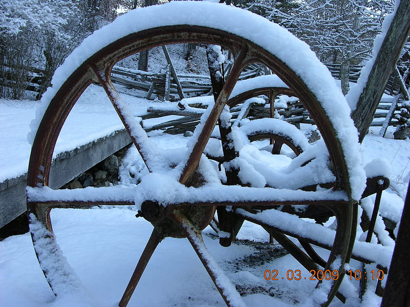 Old Iron, snow, antique farm equipment, winter, HD wallpaper