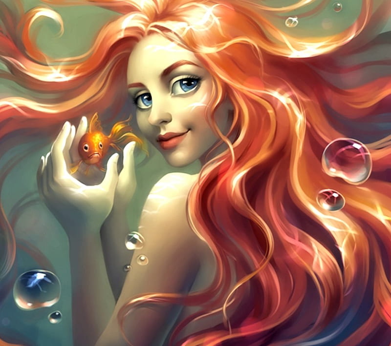 Mermaid and Goldfish, Fish, pretty, Fantasy, Mermaid, HD wallpaper