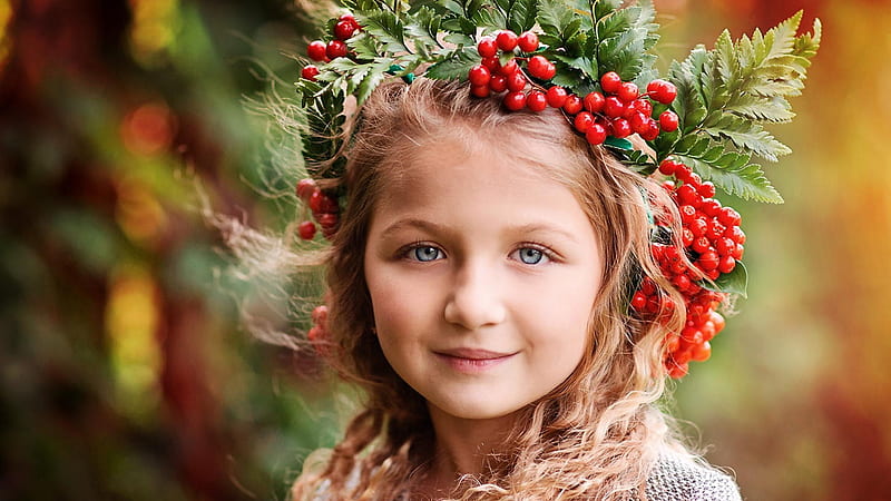 Grey Eyes Cute Little Girl Is Having Red Cherries With Leaves On Head Standing In Colorful Background Cute, HD wallpaper