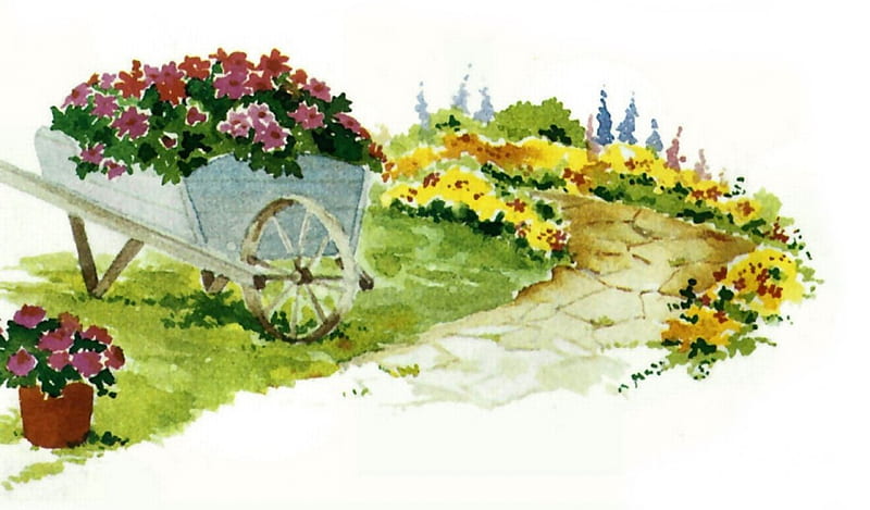 Spring Flowers, art, wheel barrow, illustration, artwork, painting, wide screen, flowers, path, garden, scenery, landscape, HD wallpaper