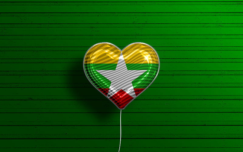 I Love Myanmar realistic balloons, green wooden background, Asian countries, Myanmar flag heart, favorite countries, flag of Myanmar, balloon with flag, Myanmar flag, Myanmar, Love Myanmar, HD wallpaper
