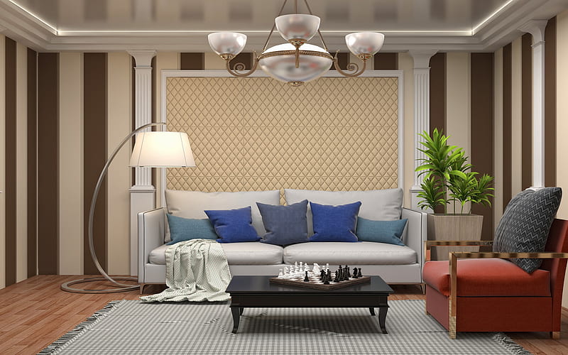 classic style living room project, brown beige living room, leather on the walls, luxury chandelier in classic style, white columns in the living room, HD wallpaper