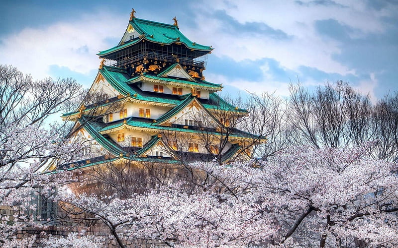 Japanese Castle Cherry Blossom Mountain Art 4K Wallpaper iPhone HD