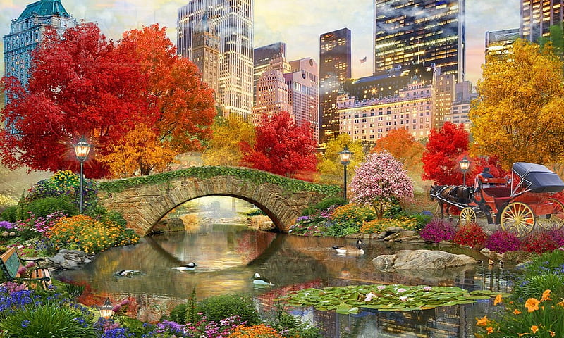 Autumn in Central Park, New York, buildings, Autumn, skyscaper, outdoors, new york, scenic, trees, Horse and buggy, water, bridge, central park, HD wallpaper