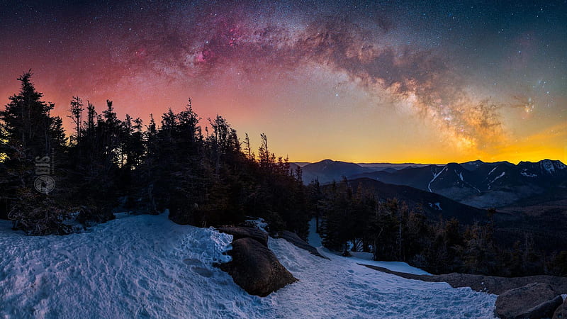 Milky Way Pano spanning the Adirondack Mountains in NY, snow, usa, mountains, stars, colors, trees, HD wallpaper