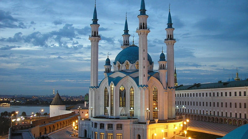 Mosque With Lights Under Blue Cloudy Sky Ramzan, HD wallpaper