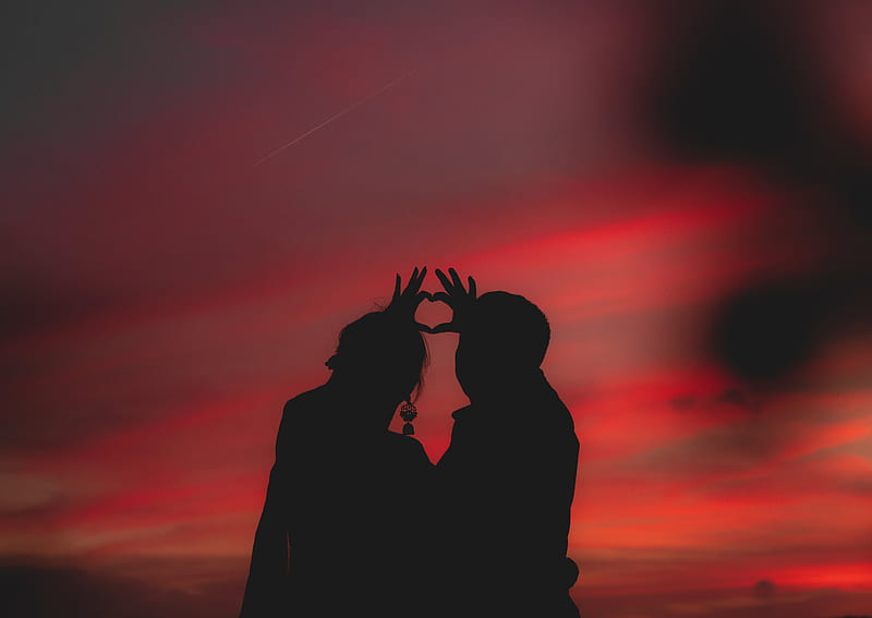 couple, heart, silhouettes, hands, love, HD wallpaper