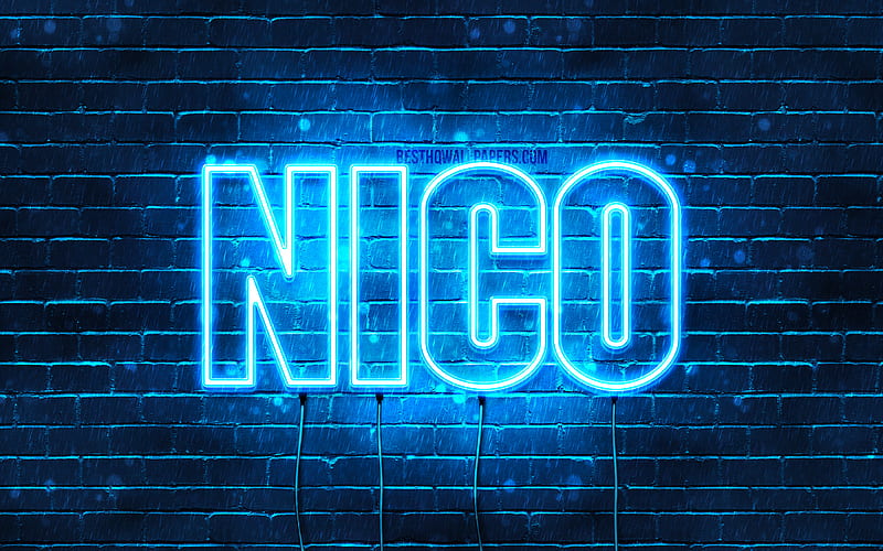 Nico with names, horizontal text, Nico name, blue neon lights, with Nico name, HD wallpaper