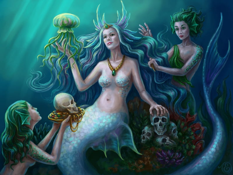 Mistress of the rivers, underwater, ladydreamart, fantasy, girl, lady dreamart, mermaid, jellyfish, blue, skull, HD wallpaper
