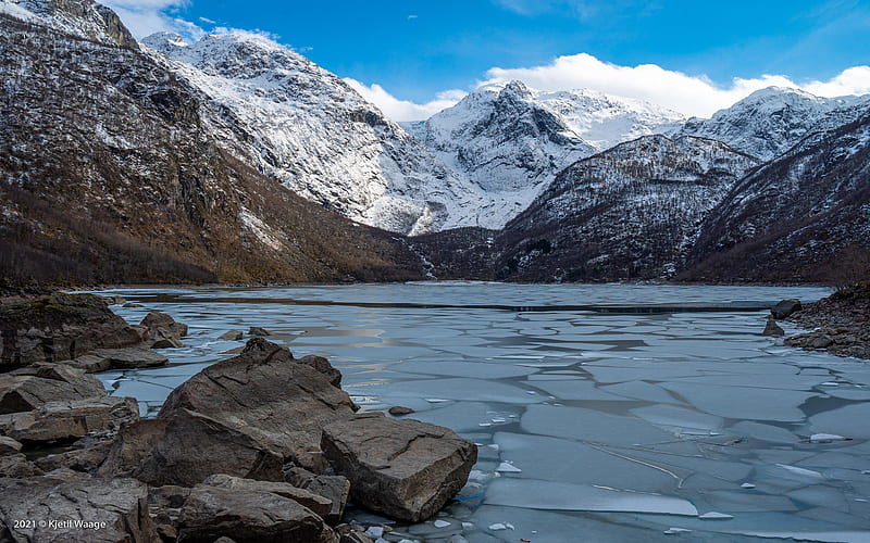 The ice is melting, spring is coming, Bondhusvatnet, Norway, snow, mountains, scandinavia, rocks, sky, landscape, HD wallpaper