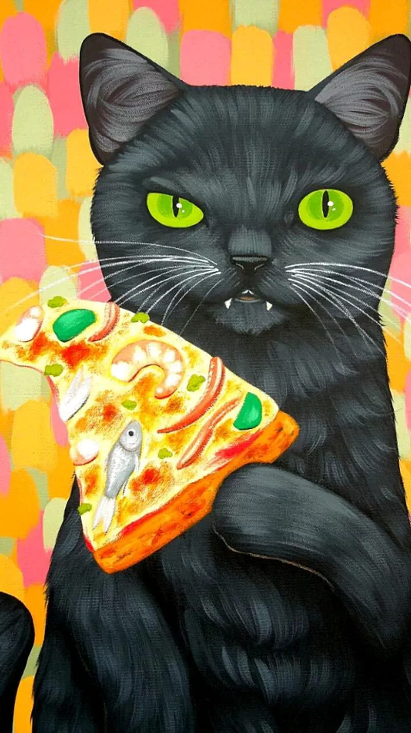 Mine, black, cartoon, cat, cats, funny, pizza, smile, HD phone wallpaper
