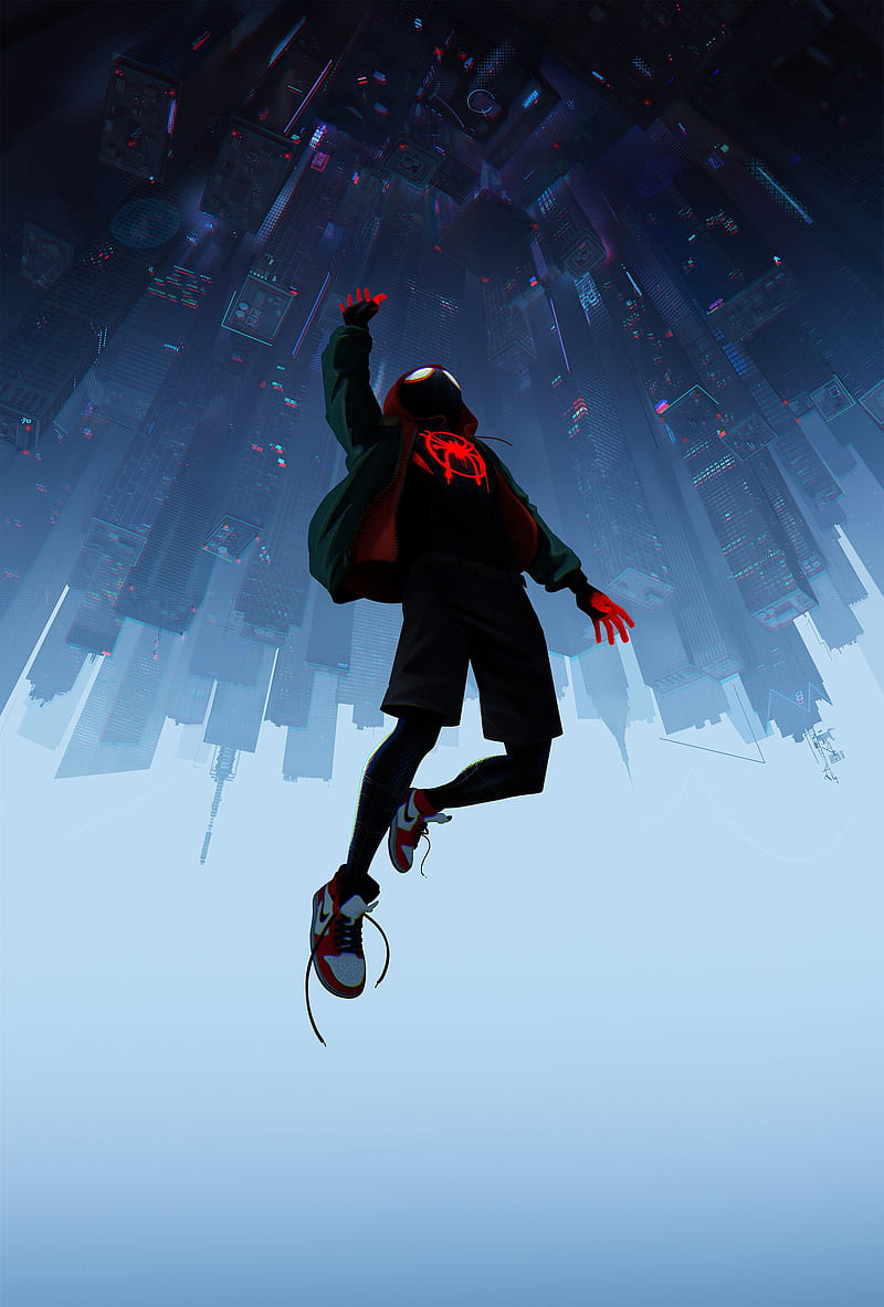 spider-man: into the spider-verse, upside-down cityscape, skyscrapers, animation, artwork, Movies, HD phone wallpaper