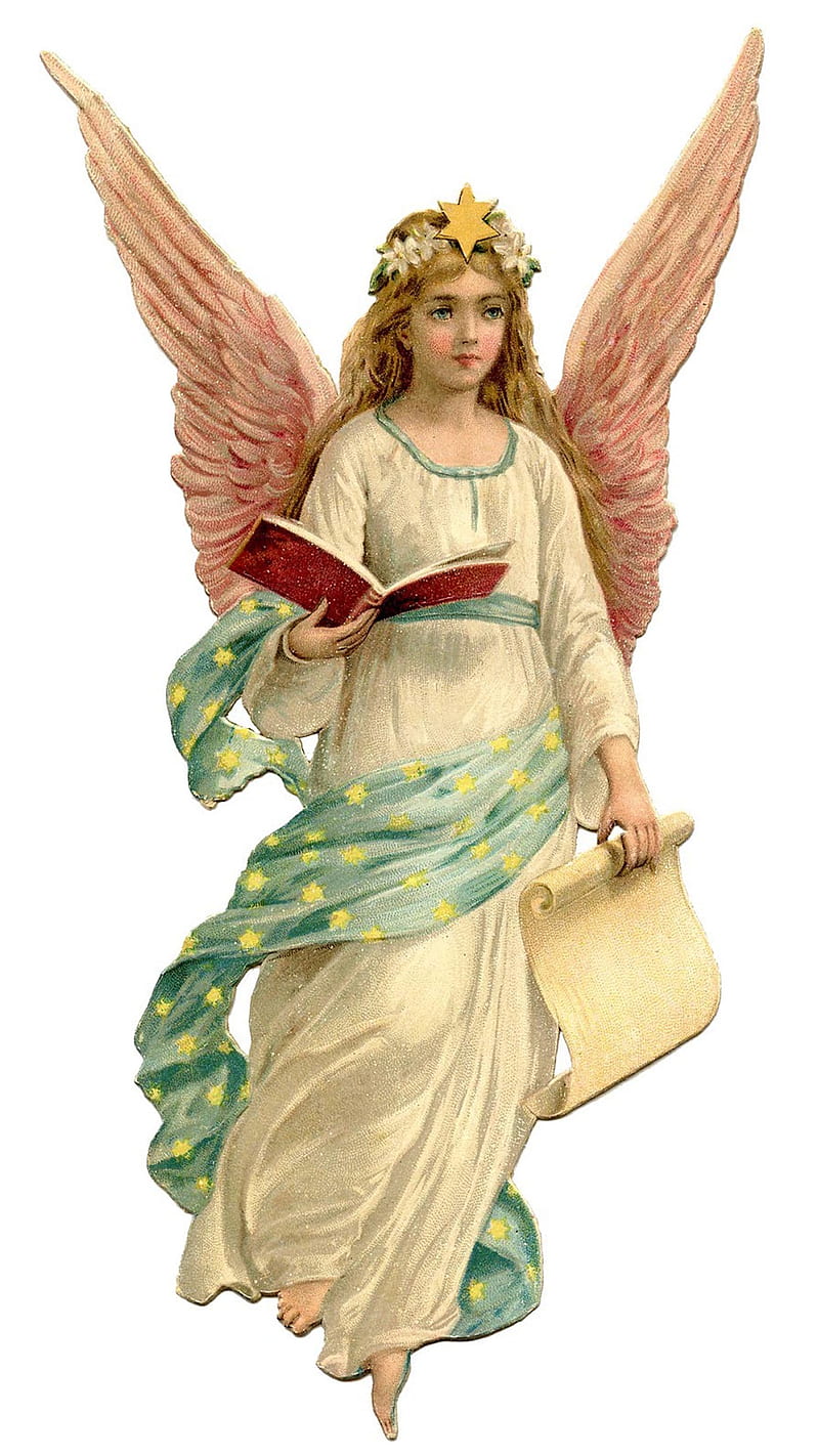 Vintage Angel Book, angel with scroll, angel with star, antique, faith, heavenly, religious, vintage angel, vintage angel with book, HD phone wallpaper