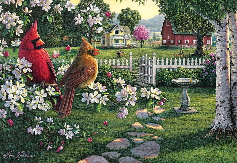 Spring, art, red, kim norlien, bird, flower, pictura, cardinal