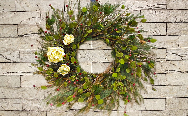 Christmas wreath on a stone wall, wreaths, christmas wreath, stone, flowers, roses, wall, outdoor, decor, HD wallpaper