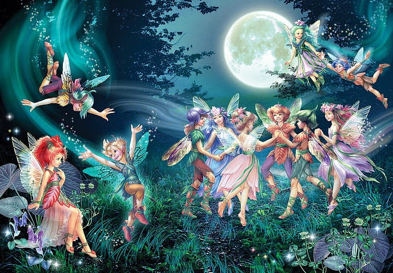 Dancing Elves, forest, moon, painting, fairies, artwork, night, HD wallpaper