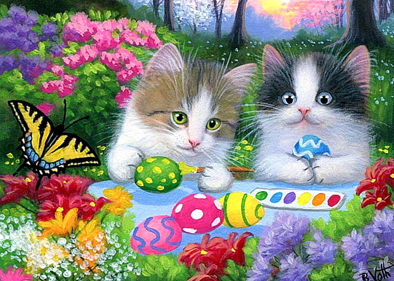 Painting the Eggs, butterfly, painting, flowers, easter, cats, artwork, HD wallpaper