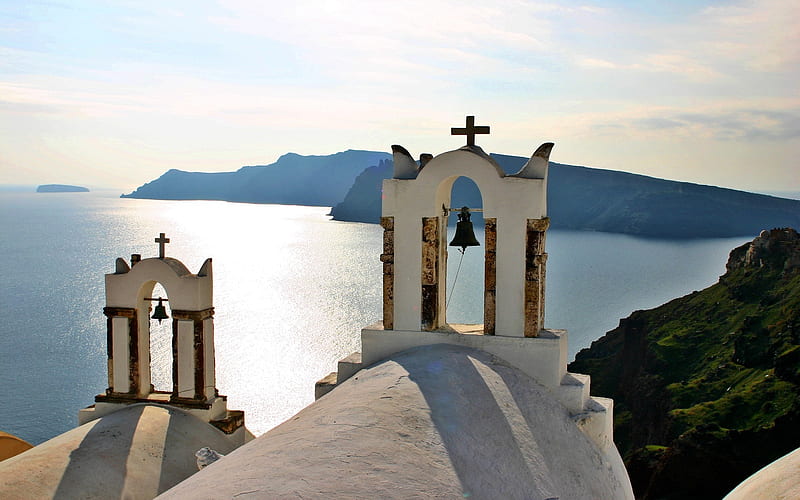 Bell Towers in Santorini, island, Greece, sea, bells, church, HD wallpaper