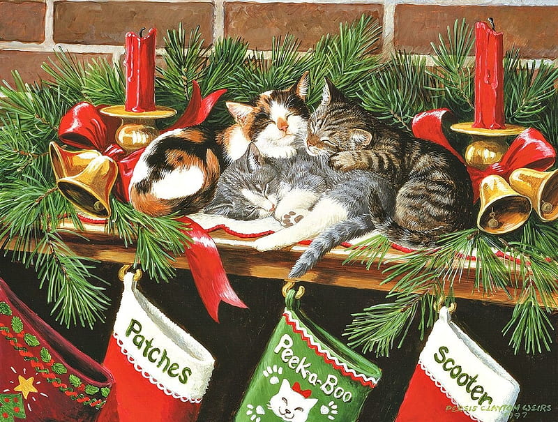 Sleeping kittens, art, craciun, persis clayton weirs, christmas, pictura, cat, kitten, pisici, painting, HD wallpaper