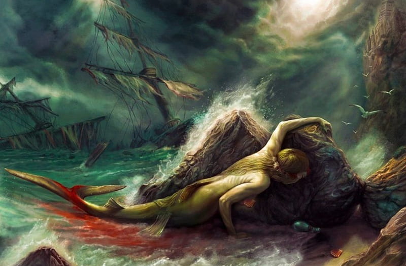 Mermaid in Trouble, art, wounded, cg, mermaid, bonito, fantasy, shipwreck, serene, painting, digital, sirene, HD wallpaper