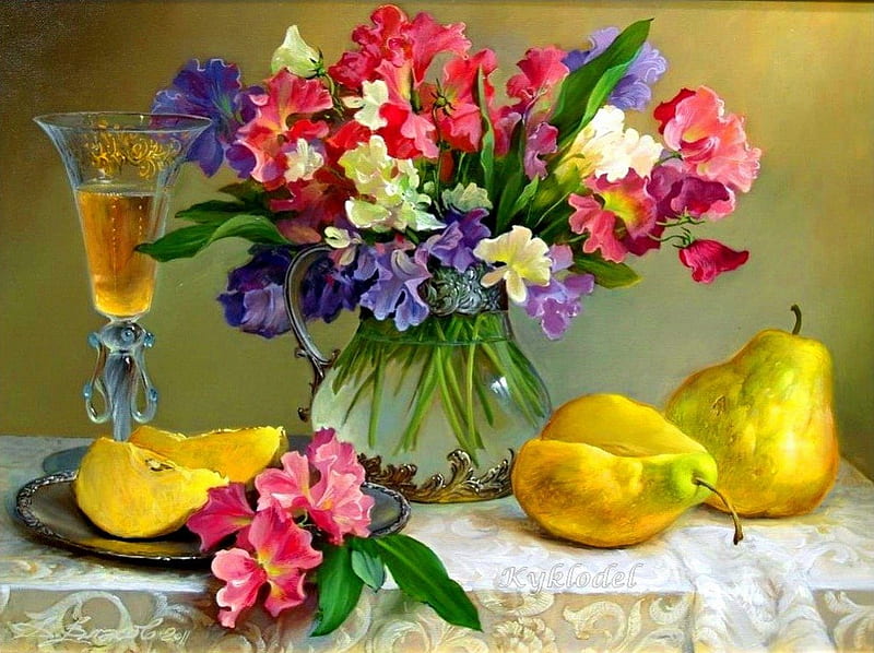 Still life, beautifuil, pretty, table, colorful, lovely, wine, fruits ...
