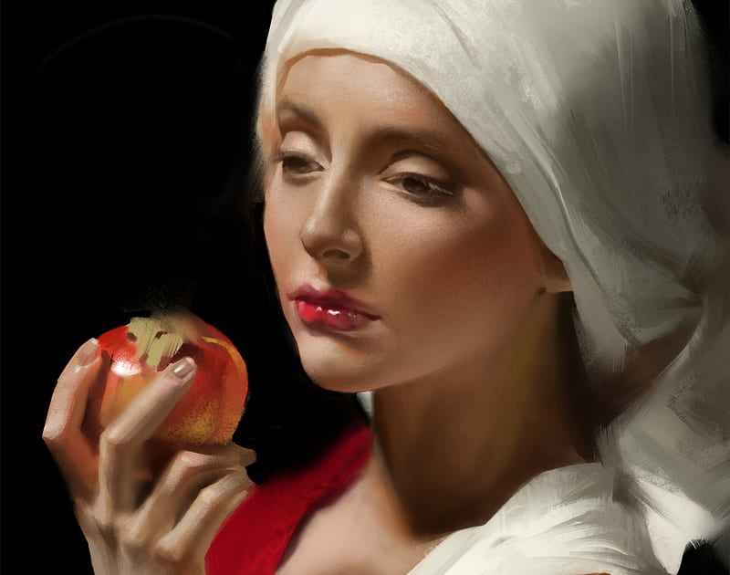 Girl with an apple, art, red, apple, frumusete, luminos, balck, black, fruit, fantasy, girl, hand, face, ley bowen, white, HD wallpaper