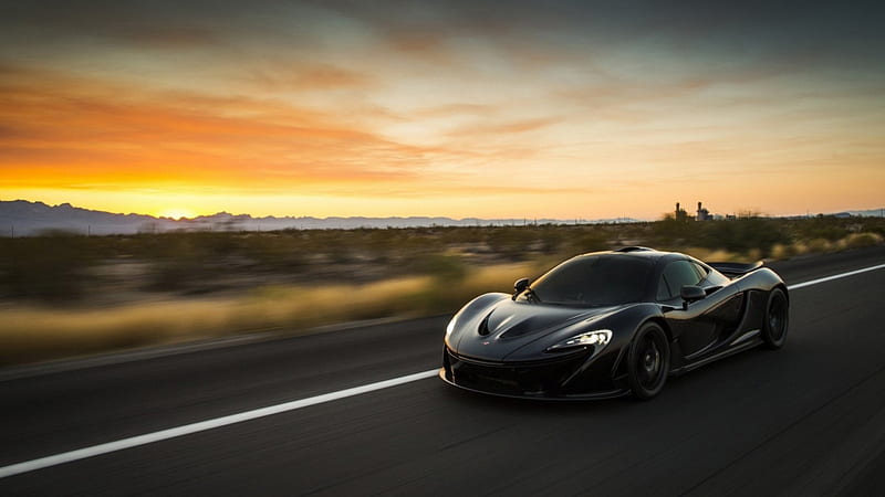 Black McLaren, driving, mclaren, car, black, high speed, sunset, road, HD wallpaper