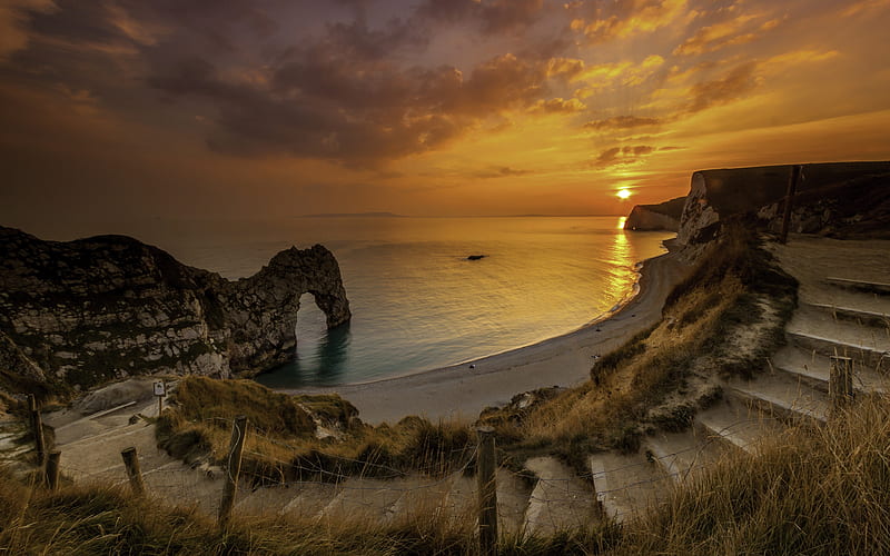 Durdle Door sunset, English Channel coast, cliffs, coast, Dorset, England, UK, HD wallpaper