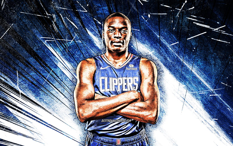 Mfiondu Kabengele, grunge art, Los Angeles Clippers, NBA, basketball, blue abstract rays, Mfiondu Tshimanga Kabengele, USA, Mfiondu Kabengele Los Angeles Clippers, creative, LA Clippers, HD wallpaper