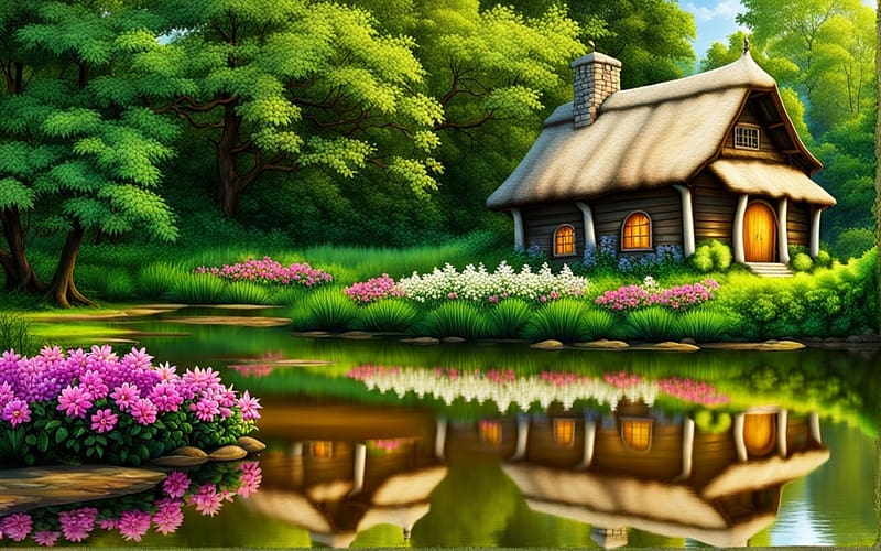 Beautiful fantasy forest with an old cottage, tajkep, regi haziko, viragok, fak, zold, szines, fantazia erdo, folyo, novenyzet, HD wallpaper