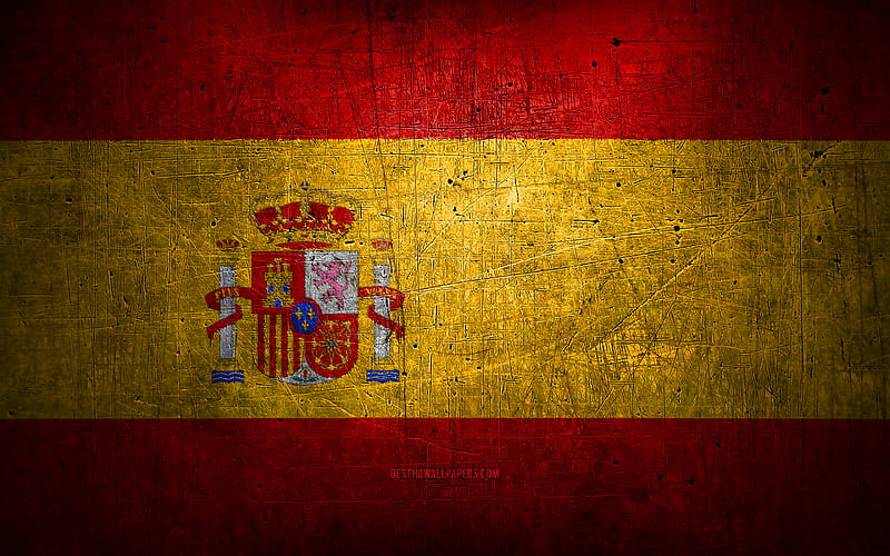 Spanish metal flag, grunge art, European countries, Day of Spain, national symbols, Spain flag, metal flags, Flag of Spain, Europe, Spanish flag, Spain, HD wallpaper