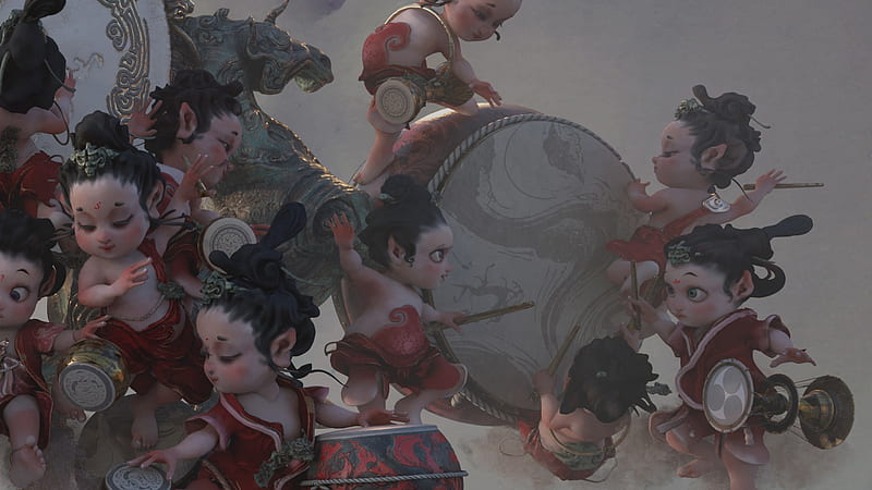 Clan of Drums, red, fantasy, baby, te hu, HD wallpaper