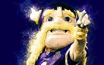 Viktor the Viking, official mascot, Minnesota Vikings art, NFL, USA, grunge art, symbol, purple background, paint art, National Football League, NFL mascots, Minnesota Vikings mascot, HD wallpaper