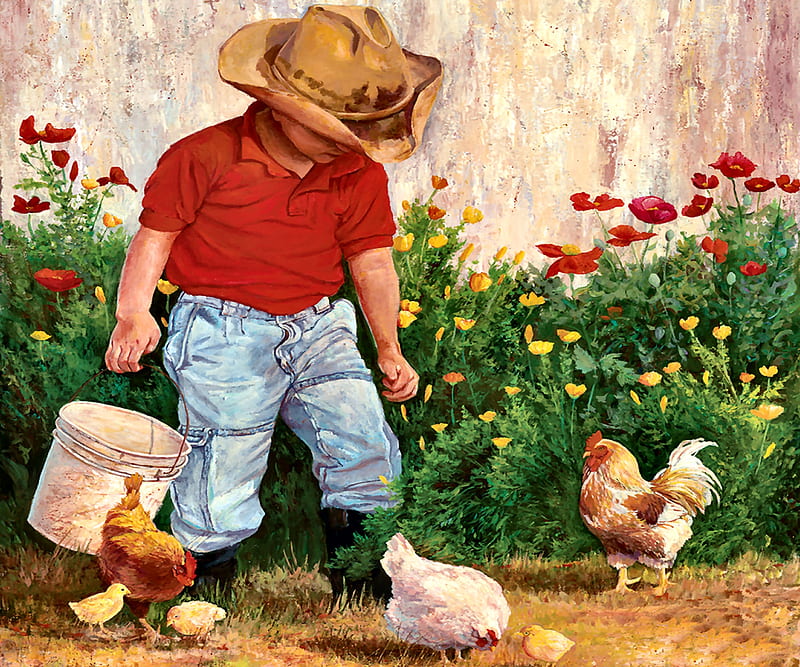 Country Boy, rooster, art, bonito, illustration, artwork, people, painting, wide screen, chickens, farm animals, HD wallpaper
