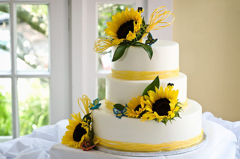 For a brilliant day , cake, wonderful, special, home, yellow, bonito, birtay, event, sunflowers, bright, brilliant, morning, magnificent, light, gorgeous, blue, delicious, window, fresh, desenho, wedding, entertainment, butterflies decor, sunshine, fashion, white, HD wallpaper