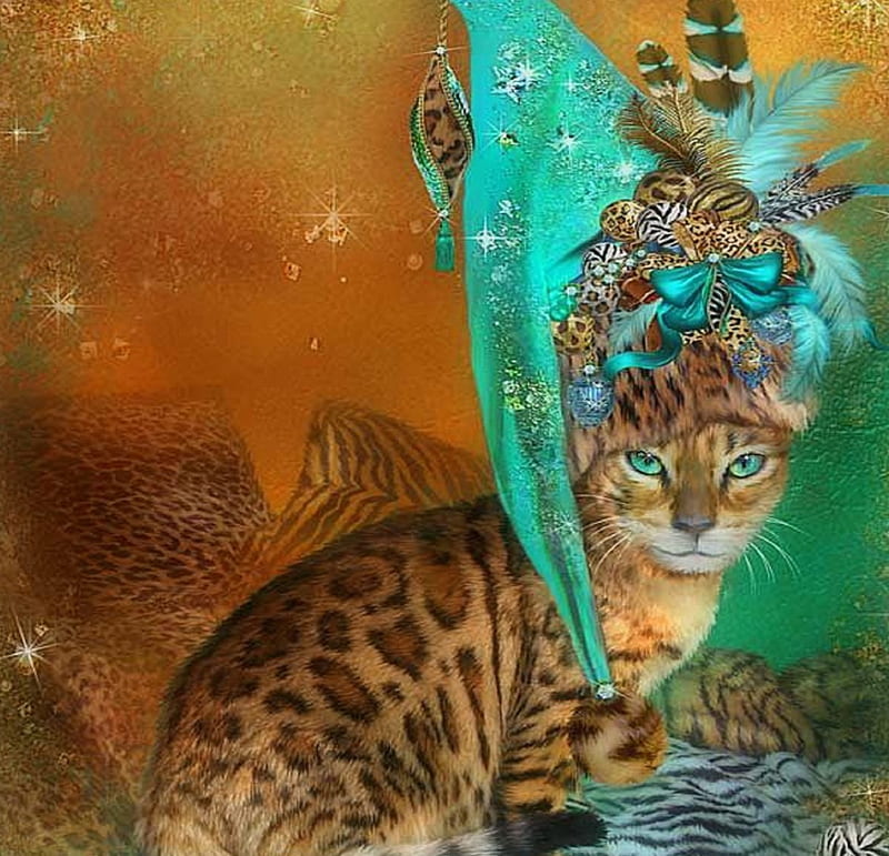 Cat in Leopard Hat, leopard hat, lovely, jewels, love four seasons, bonito, softness beauty, creative pre-made, digital art, cat, hat, fantasy, balls, weird things people wear, feathers, pillows, animals, HD wallpaper