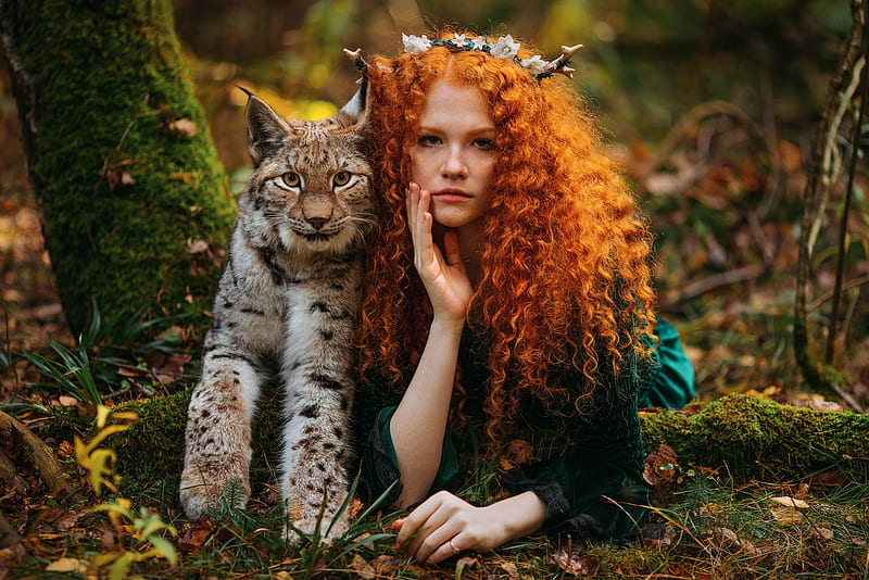 Women, Mood, Curl, Girl, Lynx, Nature, Redhead, HD wallpaper