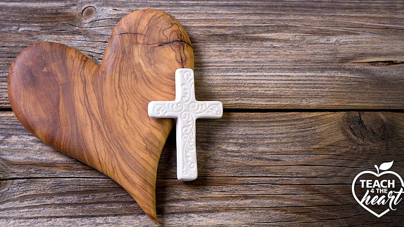 Brown Heart White Cross In Wooden Board Background Christian, HD wallpaper