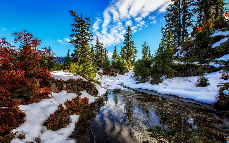 mountain lake, snow, morning, autumn, mountains, USA, Alpine Lakes Wilderness, Washington State, Central Cascades, HD wallpaper