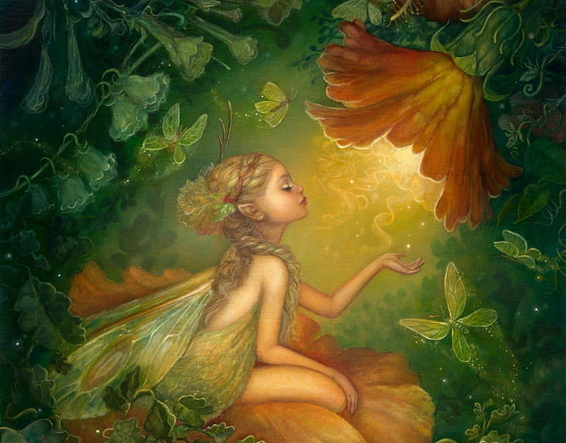 Calida and the diamond, art, fantasy, luminos, green, orange, flower, annie stegg, fairy, girl, HD wallpaper