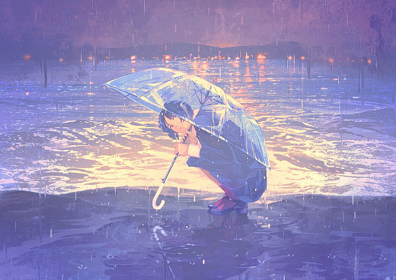 raining, umbrella, anime girl, school uniform, Anime, HD wallpaper