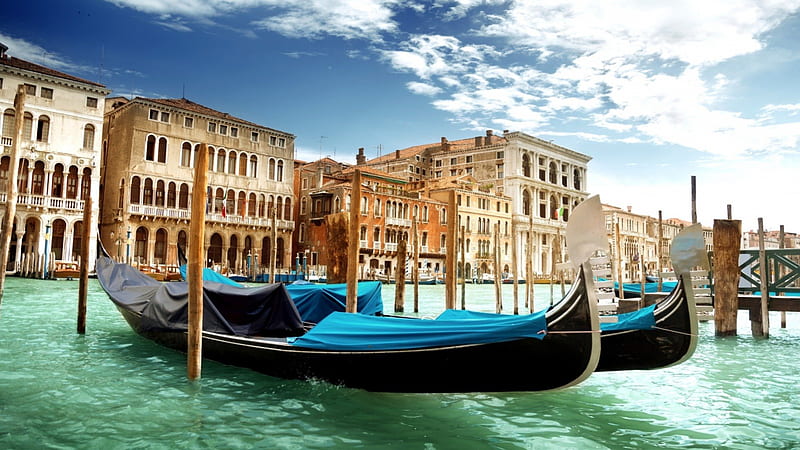 parked gondolas in venice lagoon, lagoon, wooden stakes, boats, city, HD wallpaper