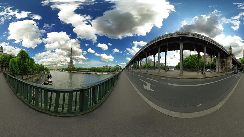 amazing fisheye view of bridge over the seine in paris, fisheye, monument, city, bidge, river, clouds, HD wallpaper