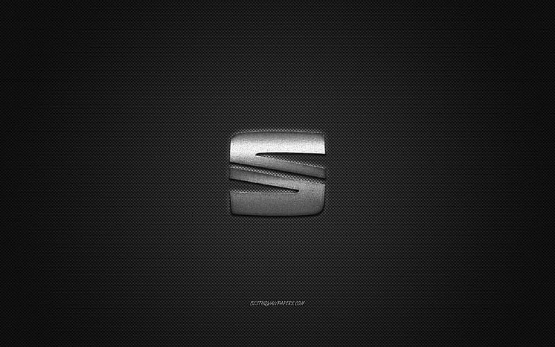 Seat logo, silver logo, gray carbon fiber background, Seat metal emblem, Seat, cars brands, creative art, HD wallpaper
