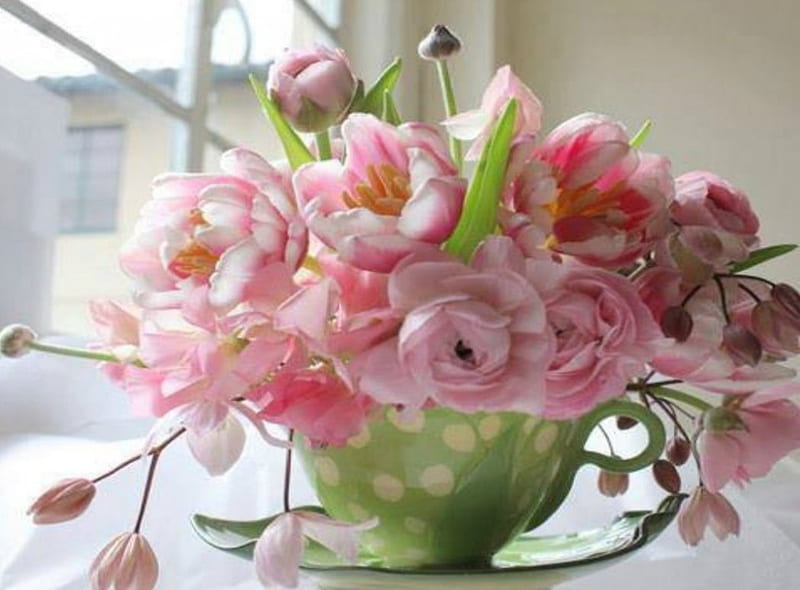 Flowers in a Teacup, Arrangement, Floral, Flowers, Peonies, HD wallpaper