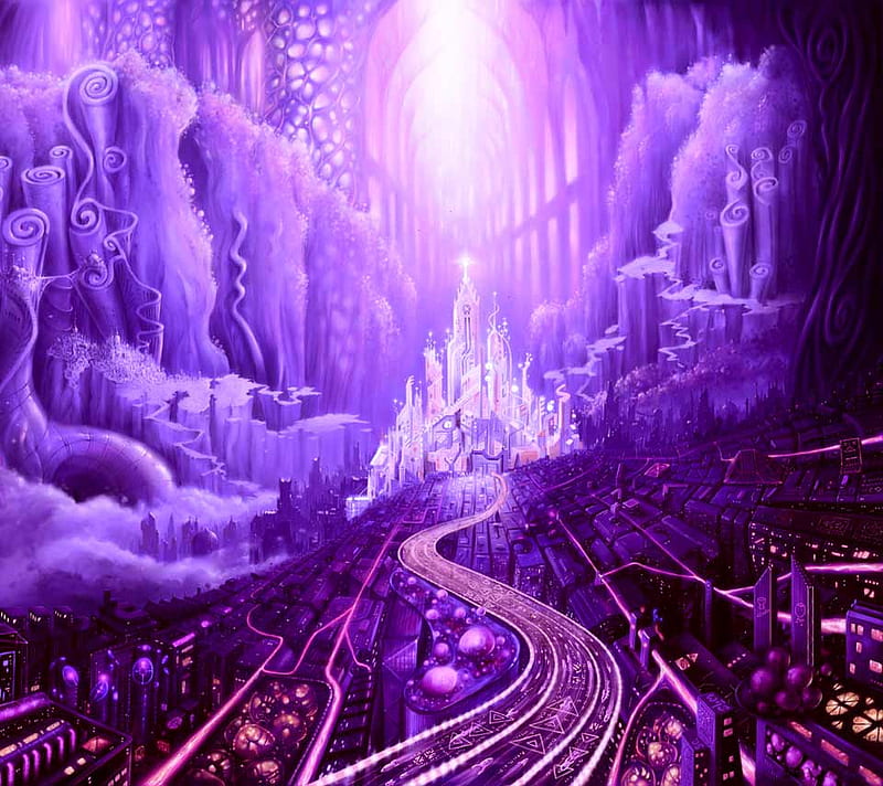 Capital Cavern, world, fantasy, city, purple, cavern, capital, castle, underground chamber, HD wallpaper