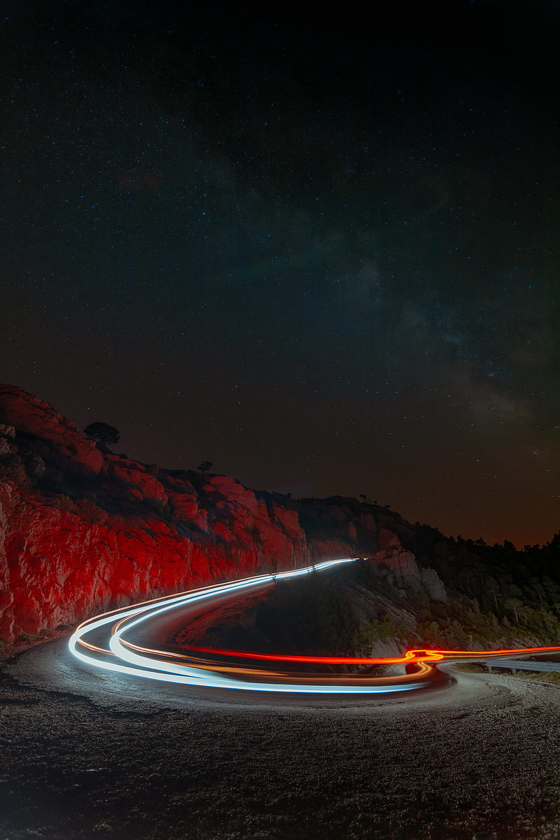 night, mountains, road, turn, backlight, HD phone wallpaper