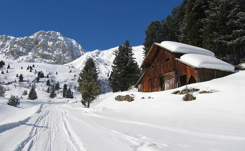 mountainside old barn in winter, snow, mountains, trees, tracks, barn, winter, HD wallpaper