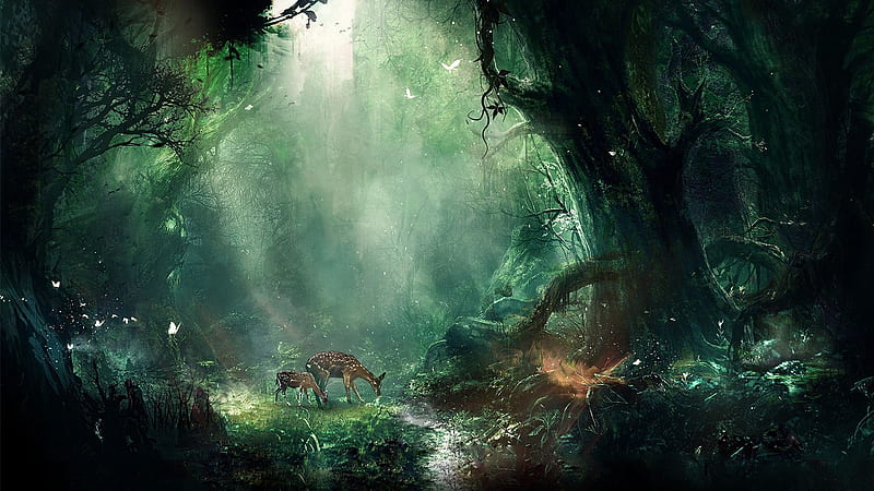deer glade deep forest art, Background, HD wallpaper