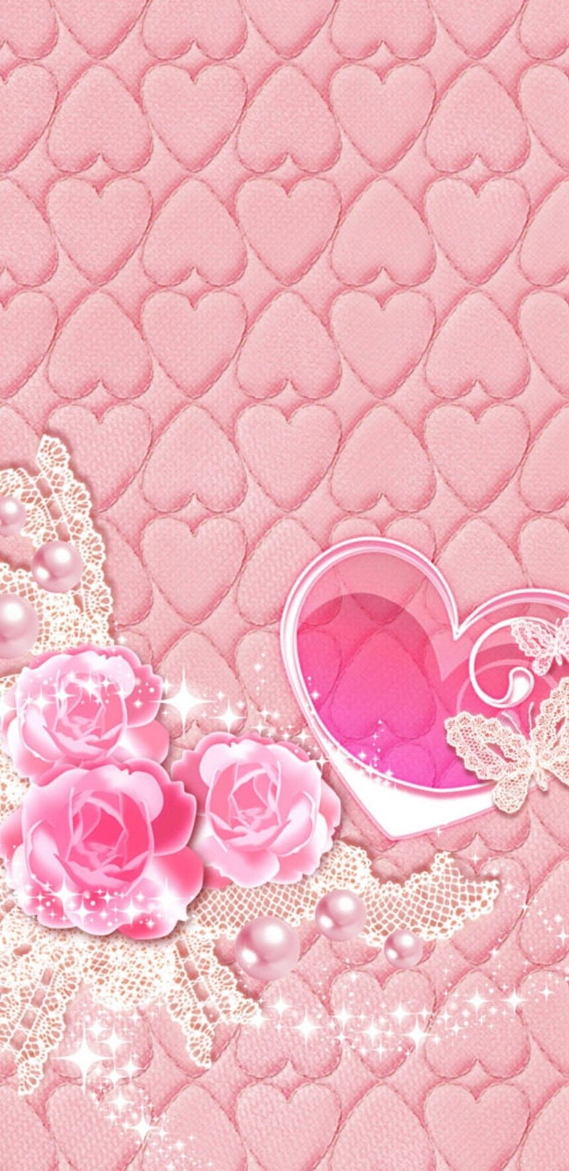 Crystal Heart, bonito, butterfly, girly, lace, pink, pretty, roses, sparkle, HD phone wallpaper